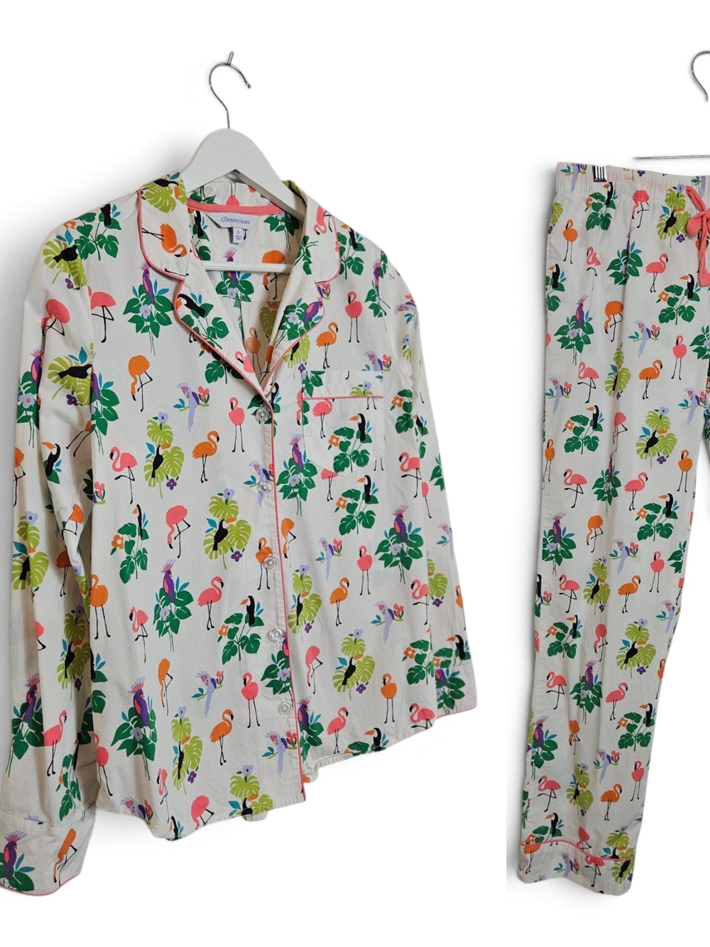 The Company Store Pajama Top S Cotton Poplin Tropical Flamingo Birds Print White